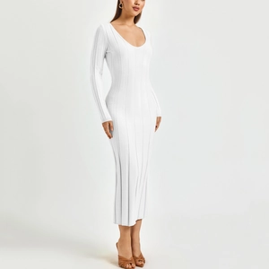 Slim fit white ribbed knit midi dress with a scoop neck and long sleeves