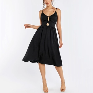 Sexy black backless midi dress with hollow out detail and elegant pleated U-neckline
