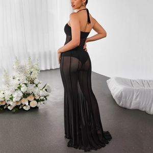 Robe longue sexy en maille noire avec dos nu et volants transparents élégants