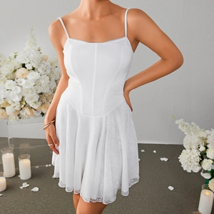Women Sexy White Lace Patchwork Camisole Mini Dress Corset Style Backless Sleeveless A-Line Pleated Party Clubwear Dress