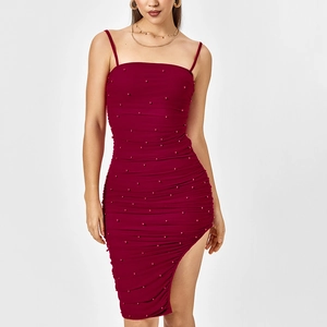 Sexy Burgunderrot Netzstoff Gerafft Midi Kleid Für Damen Künstliche Perlenbesetzt Spaghettiträger Rückenfrei Seitenschlitz Bodycon Party Abendkleid