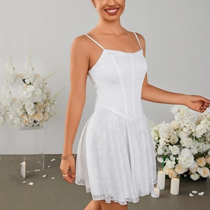 White corset mini dress with adjustable straps and delicate floral lace A-line skirt