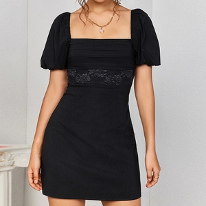 Women's Sexy Backless Square Neck Puff Sleeve Mini Dress Lace Trim Bow Tie Back Retro Black Party Dress
