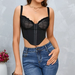 Women Sexy Mesh Patchwork Fishbone Corset Top Hook-and-Eye Closure Sleeveless Crop Camisole V-Hem Streetwear Clubwear