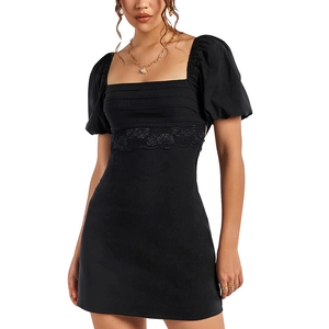 Elegant black puff sleeve mini dress with square neckline and floral lace waist detailing