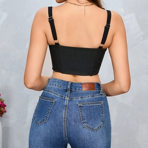 Sexy back view of a black mesh corset top with adjustable straps and blue skinny jeans