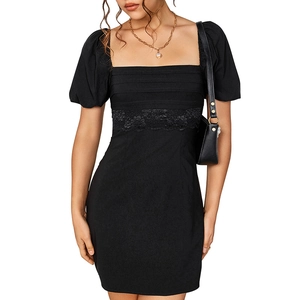 Elegant black puff sleeve mini dress with square neck and floral lace waist detail