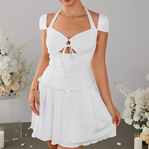 Robe Mini Sexy Femme Dos Nu Froncée Avec Ajouré Et Lacet Sans Manches Bodycon Polyester Blanc Robe De Soirée