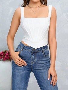 Close-up of white square neck corset top with fishbone tailoring and side pleat details