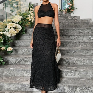 Ensemble Deux Pièces Femme Sexy Noir Polyester Dentelle Top And Bottom Dos Nu Patchwork 3D Floral Jupe Maxi Tenue de Fête