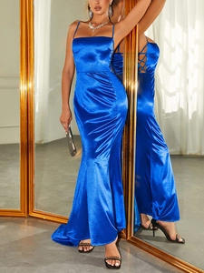 Detail view of navy satin evening dress with side lace-up and elegant fishtail hem