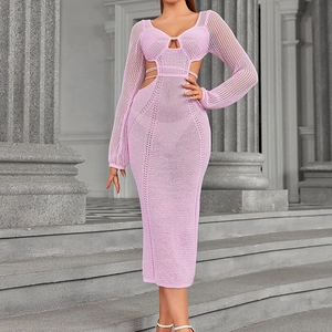 Women Sexy Hollow Out Crochet Knit Maxi Dress Backless Lace Up Long Sleeve Pink Vacation Bodycon Knitted Long Dresses