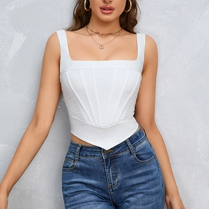 White square neck corset top with boning detail and triangular hem on a female model