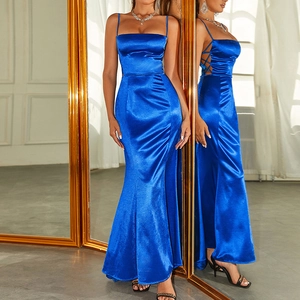 Royal blue satin bodycon midi dress with side lace-up detail and fishtail hemline