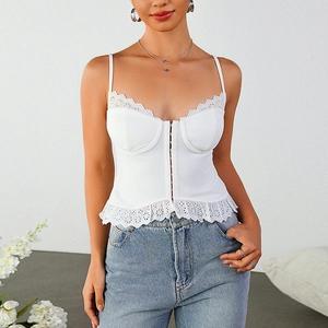Haut Bustier Corset en Dentelle Blanche pour Femmes Sexy Sans Manches avec Crochets à l'Avant Débardeur Crop Top de Club
