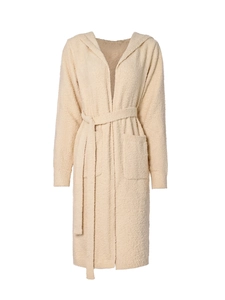 Detail of plush oatmeal hooded robe showing soft lamb wool texture and thick waist belt