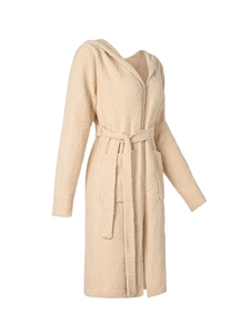 Detailed close-up of beige hooded knit cardigan with plush fleece texture and waist tie