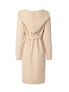 Detailed view of plush beige hooded knit cardigan with a matching waist tie belt