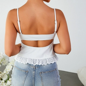 Haut court blanc en dentelle sans manches avec dos nu et broderies pour femme