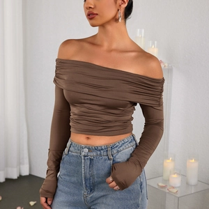 Brown off-shoulder long sleeve crop top with ruched details and a sleek milk silk finish