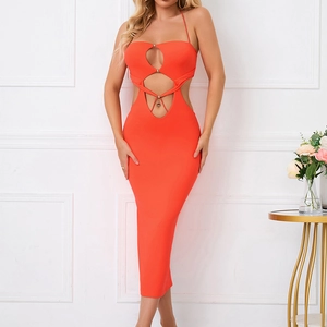 Σέξι Γυναικείο Halter Midi Φόρεμα Εφαρμοστό Πορτοκαλί Εξώπλατο Φόρεμα Πάρτι Με Μεταλλικές Χάντρες Clubwear