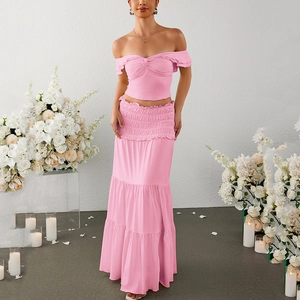 Women Sexy Off-Shoulder Backless Top And Bottom Solid Color Tiered Cake Maxi Skirt Patchwork Ruffle Long Sleeve Top