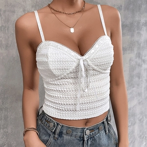 Women Sexy White Lace Crochet Camisole V Neck Bowknot Crop Top Summer Slim Fit Sleeveless Bustier Bralette Fashion Tank Top