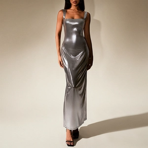 Damen Sexy Metallic Silber Rückenfreies Maxikleid Schlanke Passform Schlitz Eckiger Ausschnitt Ärmellos Party Abend Langes Kleid