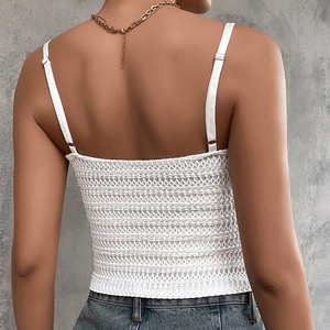 White knitted camisole top for women featuring backless V-neck and hollow knit texture