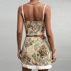 Women vintage floral jacquard two-piece set with corset top and pleated hem skirt
