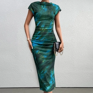 Women Sexy Abstract Tie Dye Maxi Dress Ruched Side High Slit Cowl Neck Sleeveless Bodycon Party Fashion Clubwear Long Dress