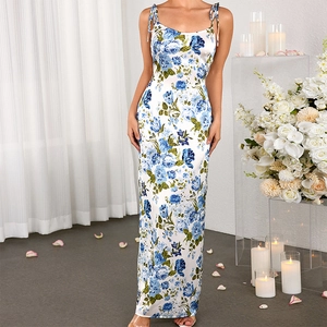 Elegant Satin Blue Floral Maxi Dress Women Sexy Backless Adjustable Tie Shoulder Slip Dress Wedding Party Evening Gown