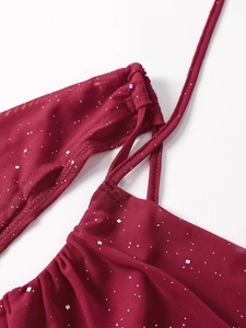 Detail of burgundy mesh dress with silver glitter sequins and elegant ruched texture