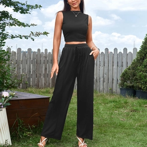 Haut Et Bas Femme Polyester Sexy Sans Manches Crop Top Pantalon Large Ensemble Deux Pièces Casual Streetwear