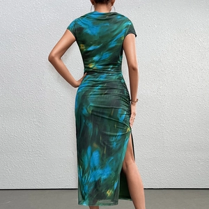 Sexy mesh bodycon dress featuring abstract tie-dye print and side drawstring slit design