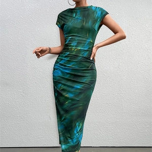 Sexy tie-dye bodycon maxi dress in dark green and blue with elegant side ruching