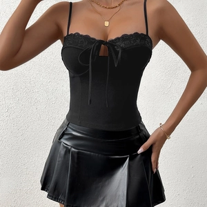 Sexy black lace camisole top with bow tie and pleated PU leather mini skirt set for women