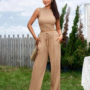 Ensemble kaki pour femme avec haut court sans manches et pantalon large à cordon de serrage