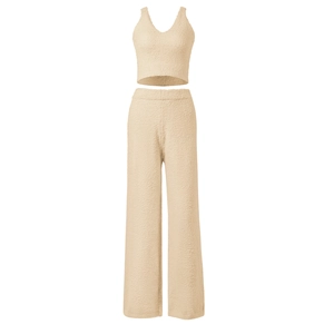 Ensemble en maille beige pour femme avec crop top col en V et pantalon large à taille haute