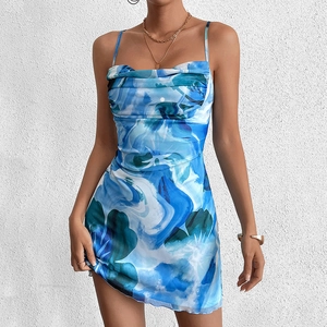 Slim fit floral mesh dress with blue and white abstract print and thin straps