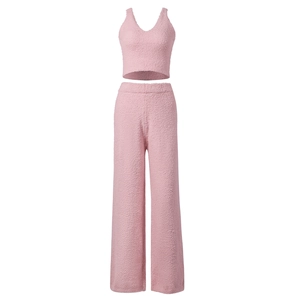 Ensemble en tricot rose deux pièces avec débardeur court col en V et pantalon large