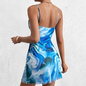 Sexy blue and white floral mesh mini dress with spaghetti straps and open back detail