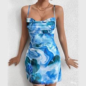 Blue abstract floral bodycon mini dress with spaghetti straps and draped neckline