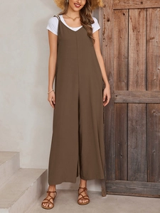 Combinaison marron foncé à jambes larges avec tissu texturé et décolleté en V chic