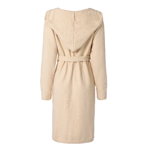Cozy beige hooded knit cardigan jacket with waist tie in soft plush fabric texture
