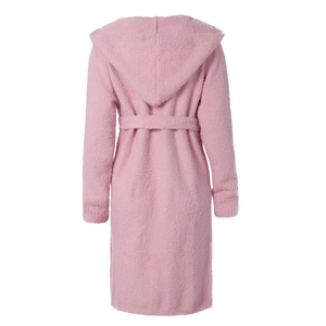 Pink hooded flannel bathrobe for women featuring a cozy belted waist and back view