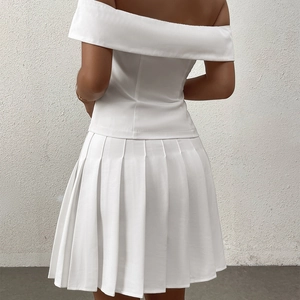 Slim fit off-shoulder white top with pleated mini skirt in a clean back view aesthetic
