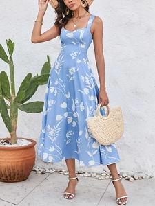 Close-up detail of light blue floral print dress with thick straps and heart-shaped neckline