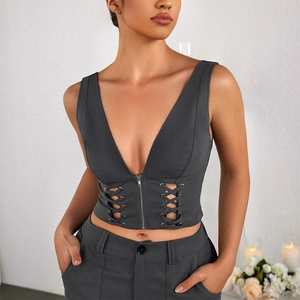 Damen Sexy V-Ausschnitt Reißverschluss Crop Top Seite Schnürung Hohl Rückenfrei Strick Cami Tank Top Ärmellos Streetwear Weste