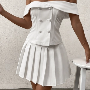 Elegant white off-shoulder slim fit top with double-breasted buttons and pleated skirt
